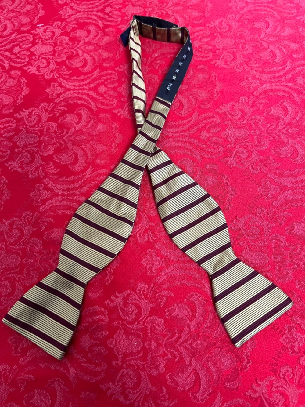 Self-Tie Bow Tie Cream Burgundy Stripe Hand Sewn Silk Adjustable Formal